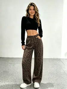 Leopard Print Wide Leg Sports Pants, High Waist Elastic Waistband, Casual Loose Fit, American Style Streetwear Long Pants, Printed Sweatpants