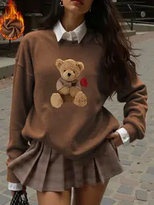 Artistic Floral Bear Print Sweater, Soft Comfortable Fitted Design for Fall & Winter, Perfect for Dates and Casual Outings