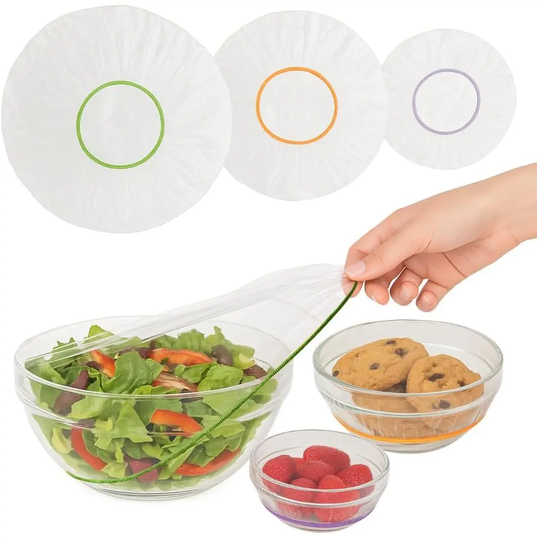 Reusable Stretch-Fit Flexible Plastic Food Covers - 100-Pack Multi-Size Durable Plastic Lids (3 Sizes Assorted), Food-Safe Kitchen Preserving Containers & Utensils for Storage, Outdoor Use