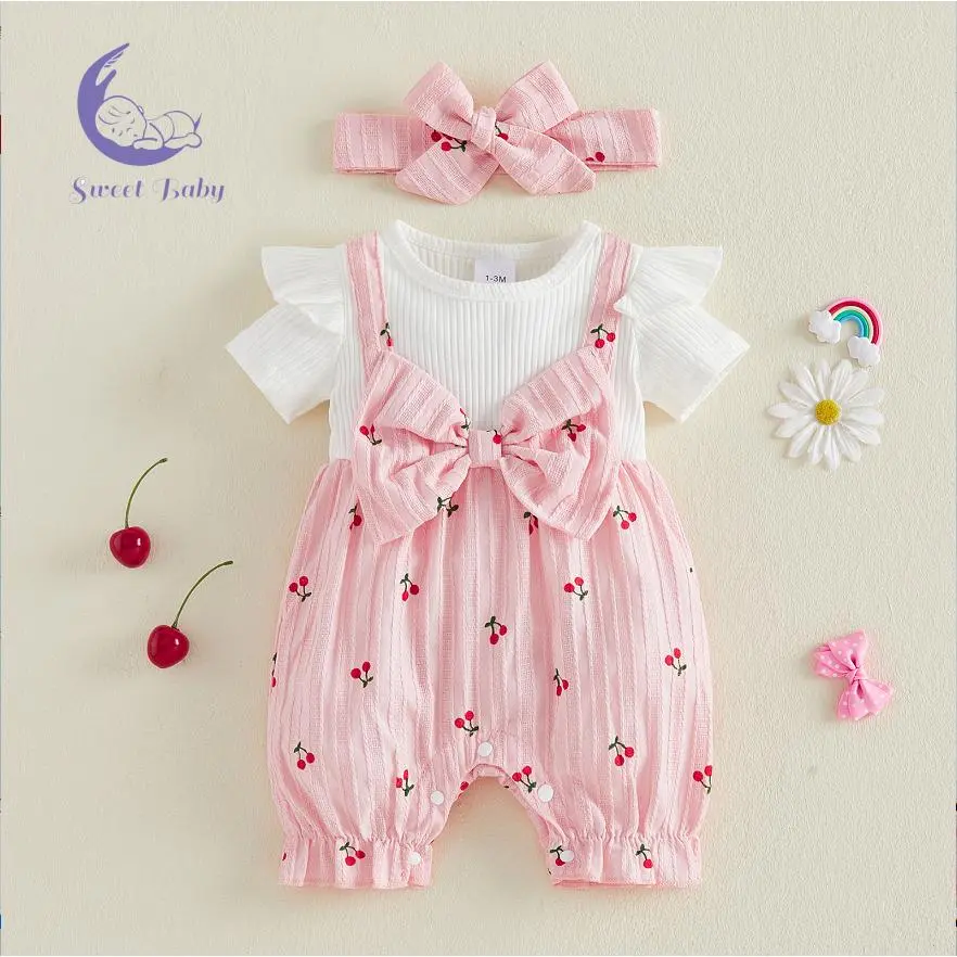 Baby Girl Summer Cherry Printed Short-Sleeve Romper - Cute 1-Piece Bodysuit Baby Clothing with Headband Hairstyle