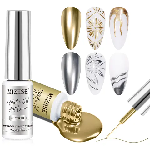 MIZHSE 7ML UV-Cured Metallic Gold & Silver Chrome Gel Liner - Brush-Included Nail Care Kit with Cosmetic Pigment Powder, Acrylic Nail Supplies for Halloween French Designs, Soak-Off Manicures