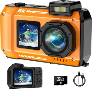 UHD 8K Underwater Camera, 70MP 33FT WiFi Waterproof Digital Camera with 64GB Card, Auto Focus Waterproof Dual-Screen Selfie 2500mAh Battery, 18X Floatable Digital for Snorkeling, Orange