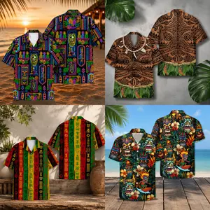 Hawaiian Shirt, Aloha Button Down, Tiki Tribal Print, Tropical Beach Shirt, Polynesian Island Style, Luau Party Outfit, Summer Vacation Wear, Resort Camp Top, Unisex Casual Apparel, Gift for Men Women