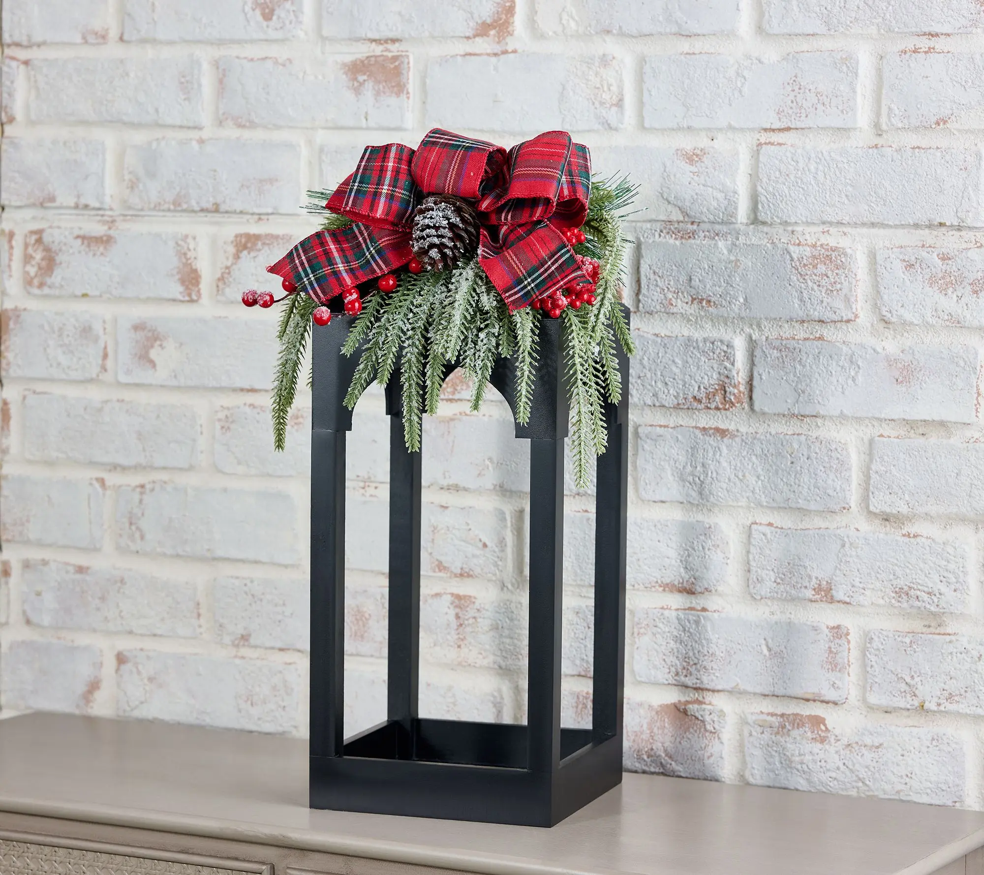 20" Wood Open Concept Lantern with Ribbon Embellishment by Valerie