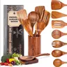 Mooues Premium Teak Wooden Cooking Utensil Set - 10 Pcs (Without Spoon Rest) with Solid Handles, Hand-Sanded, Eco-Friendly, Non-Stick Safe, Easy-to-Clean, Hang-Ready Holes, Slotted Spatula, Solid Spoon, Souvenir, Daily Kitchen Use