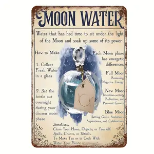 1pc 2D Plane Retro "Moon Water" Metal Sign, Moon Plaque Gift, 12x8 Inches - Witchcraft and Moon Phase Decorative Poster with Blue Moon Phase Glass Bottle Design, Suitable for Home, Living Room, Bedroom, Office, Perfect for Room Decoration