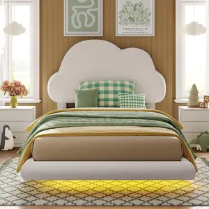 LIKIMIO Twin Bed Frames, Floating Bed Frame with LED Light and Upholstered Headboard, Solid Wooden Slats Support, No Box Spring Needed