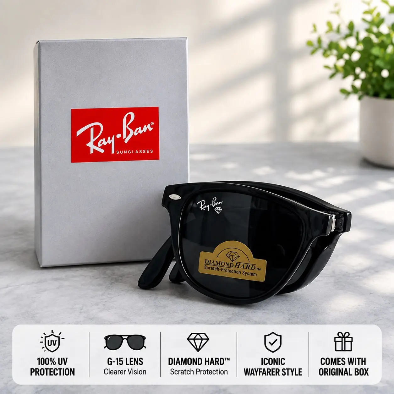 Ray-Ban Polarized Outdoor Shades Black Square Eyewear UV Protection Sunglasses for Casual Daily Wear