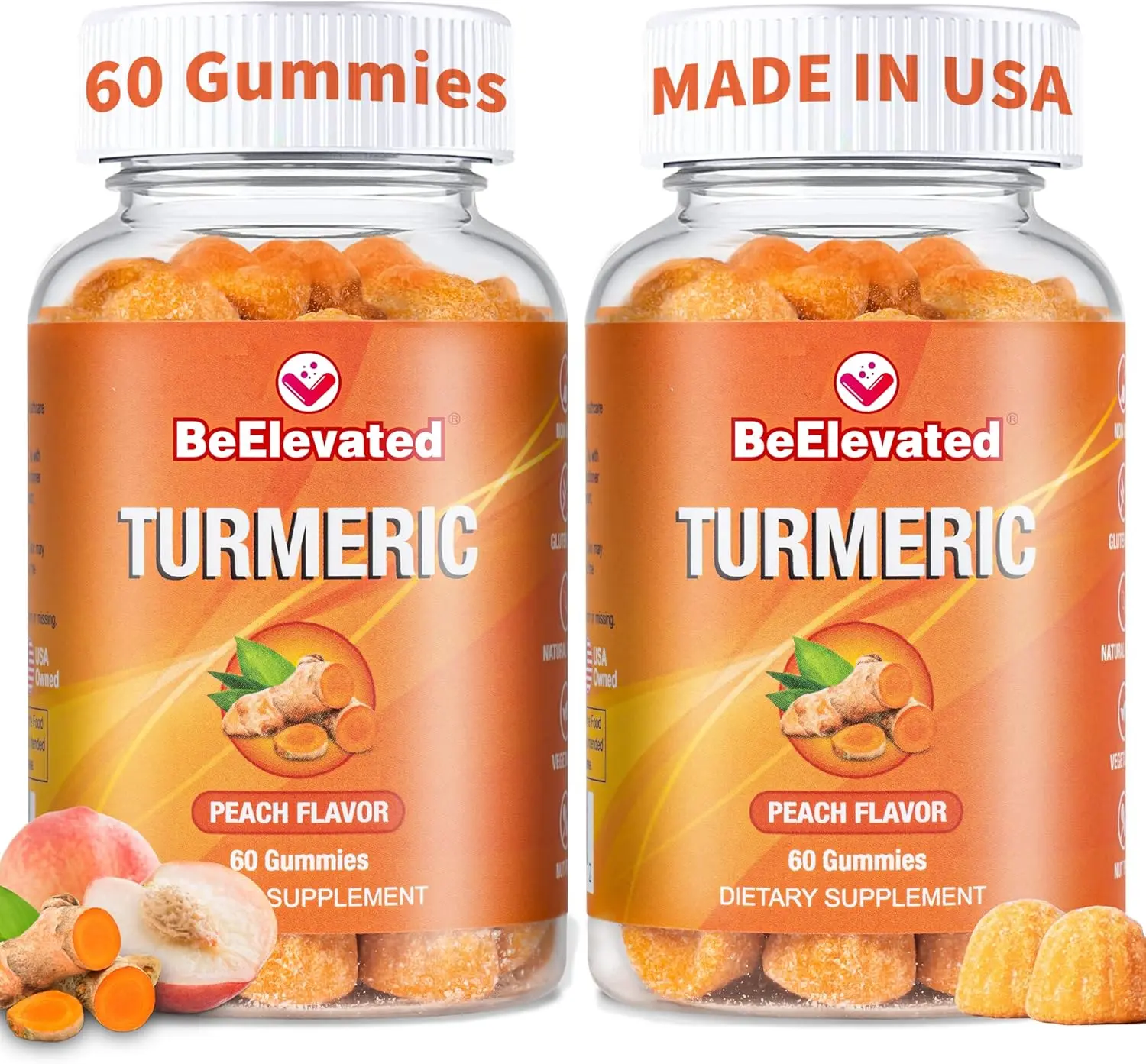 BeElevated Curcumin Turmeric Gummies Extra Strength 2000mg 8:1 Extract with Black Pepper & Ginger Vegan Non-GMO Joint Support Peach Flavor 60 Gummies Pack of 2 Made in USA