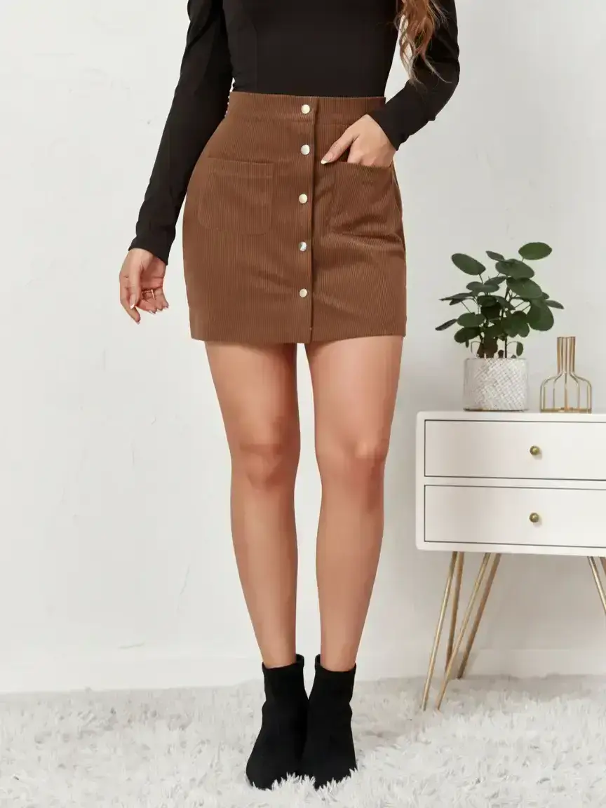 Corduroy Button Front Short Skirt, High Waist A-Line Vintage Slimming Dress, Street Style Must-Have Half Skirt - TikTok Shop Corduroy Button Front Short Skirt, High Waist A-Line Vintage Slimming Dress, Street Style Must-Have Half Skirt - TikTok Shop