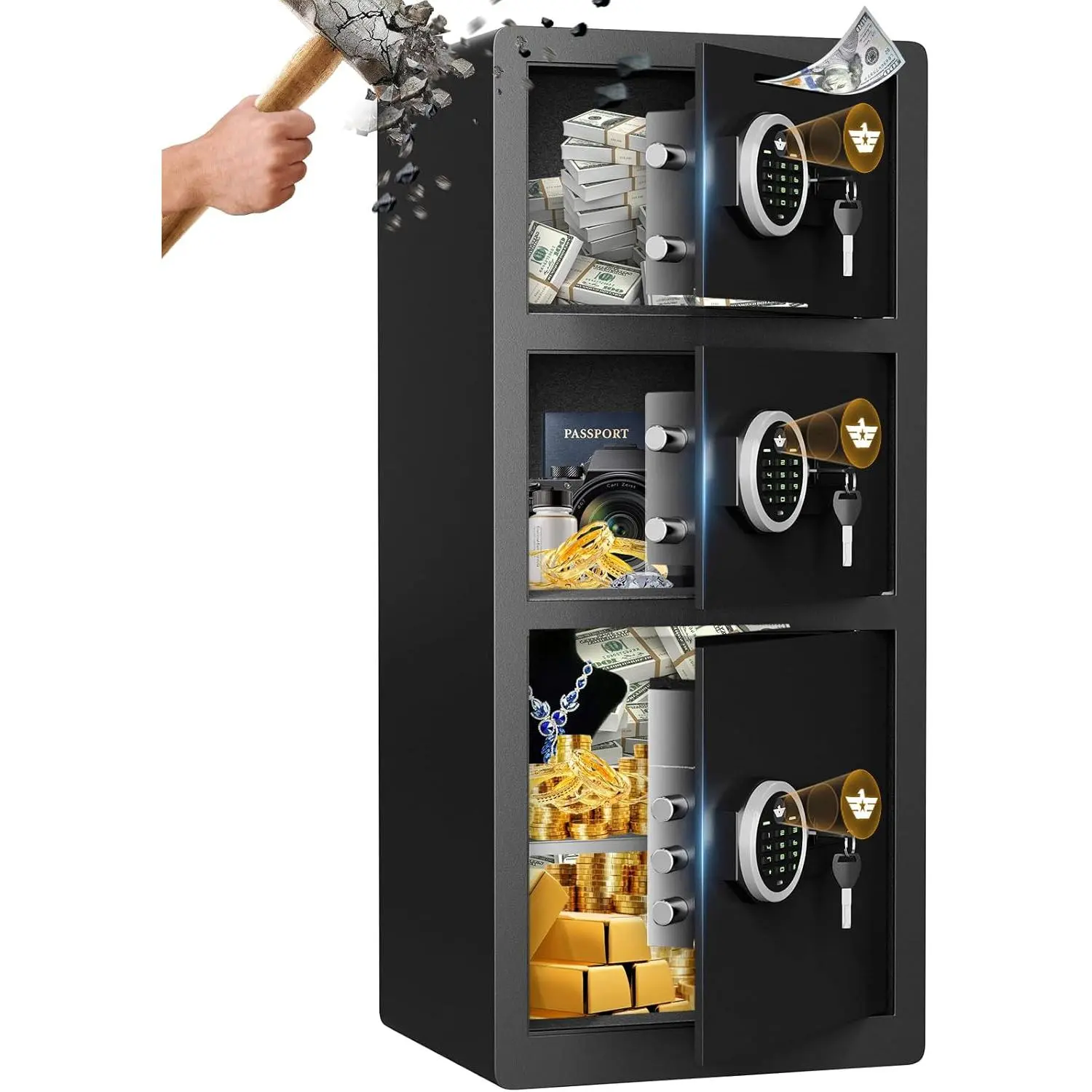 8.0 Cu ft Extra Large Home Safe Box 3 Door Money Safes - Fireproof & Waterproof Digital Safe with Dual Alarm, Drop Slot, Backlit Keypad & Adjustable Shelf for Home, Office, Hotel