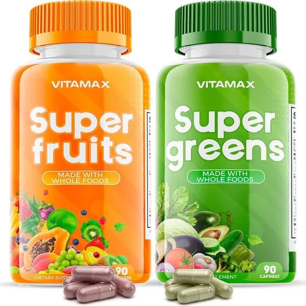 Super Fruit & Vegetable Supplement, Whole Food Superfood Vitamins & Minerals, 90 Fruit & 90 Veggie Capsules for Women, Men & Kids, Soy-Free, Made in USA