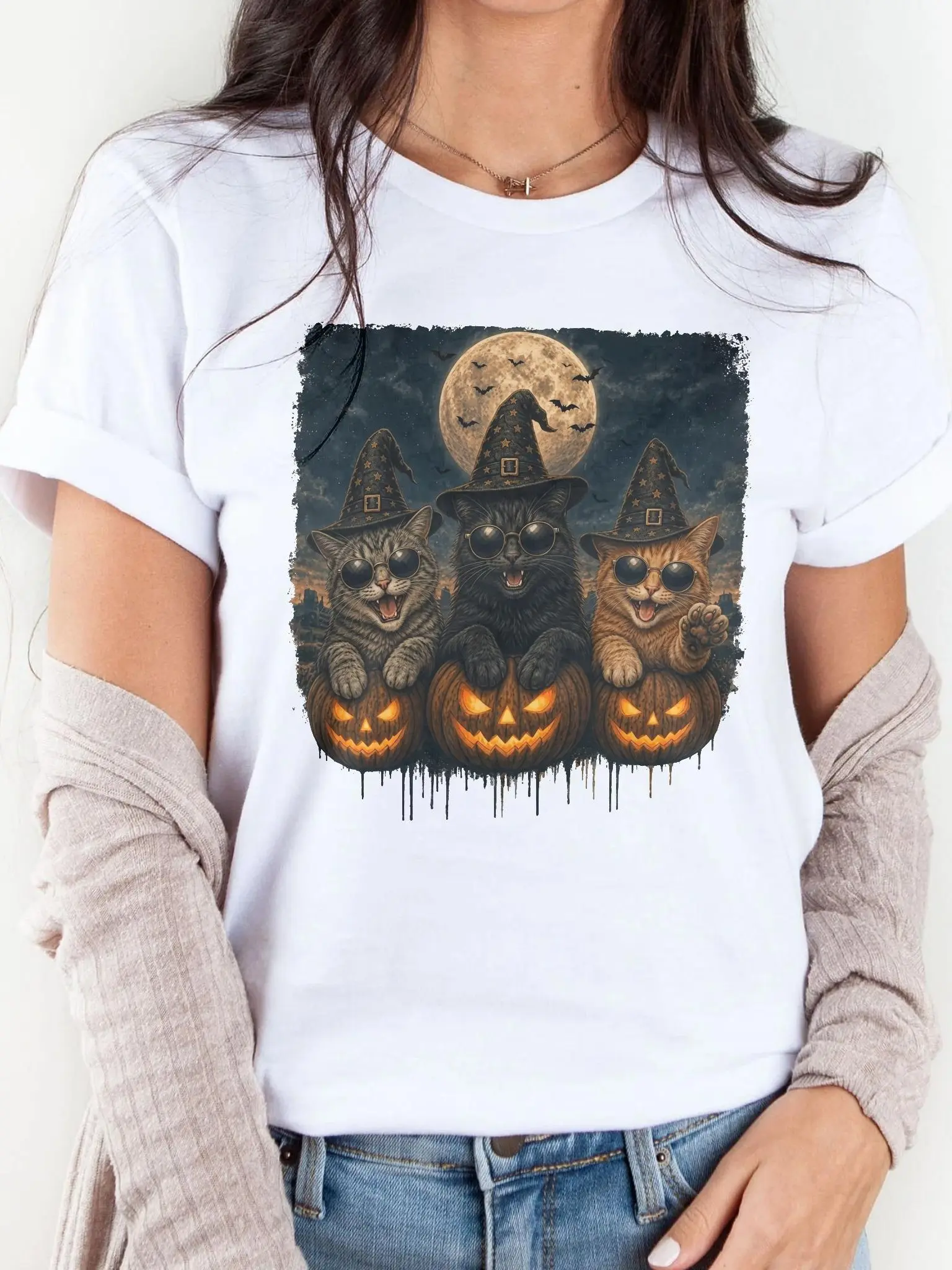 Women's Unisex Boxy Short-Sleeve Halloween Cat T-Shirt - Gildan G5000, Cozy Spooky Witch Hat Animal Tee, Soft Fabric, Everyday Pullover