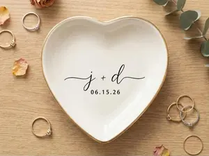 Personalized Ring Dish with Initials & Date, Ceramic Minimalist Jewelry Tray, Engagement Gift for Couple, Bedroom Decor for Everyday Use