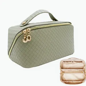 5 Dividers Large Capacity Makeup Bag, Cosmetic Bag Leather Woven Cosmetic Travel Bag Roomy Double Layer Makeup Bags  Pouch Portable Zipper Bags  PU Leather Waterproof Toiletry Brushes Storage Pouch Handle And Divider Flat Lay Makeup Organizer Bag