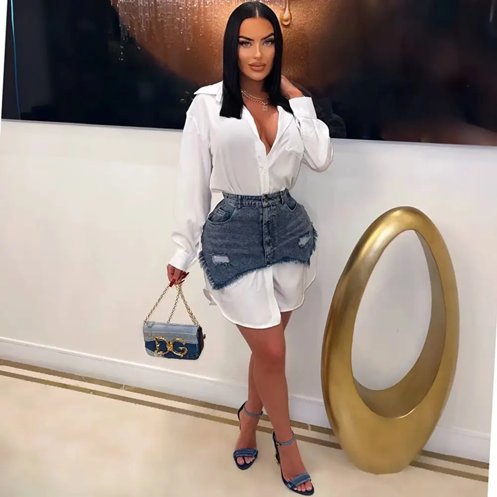 Women's 2-Piece Longsleeves Sports Clothing Set, 2025 New Lace-Up Denim Mini Shirt Dress with Lapel Buttons, Slim-Fit Temperament Outfit for Summer & Autumn