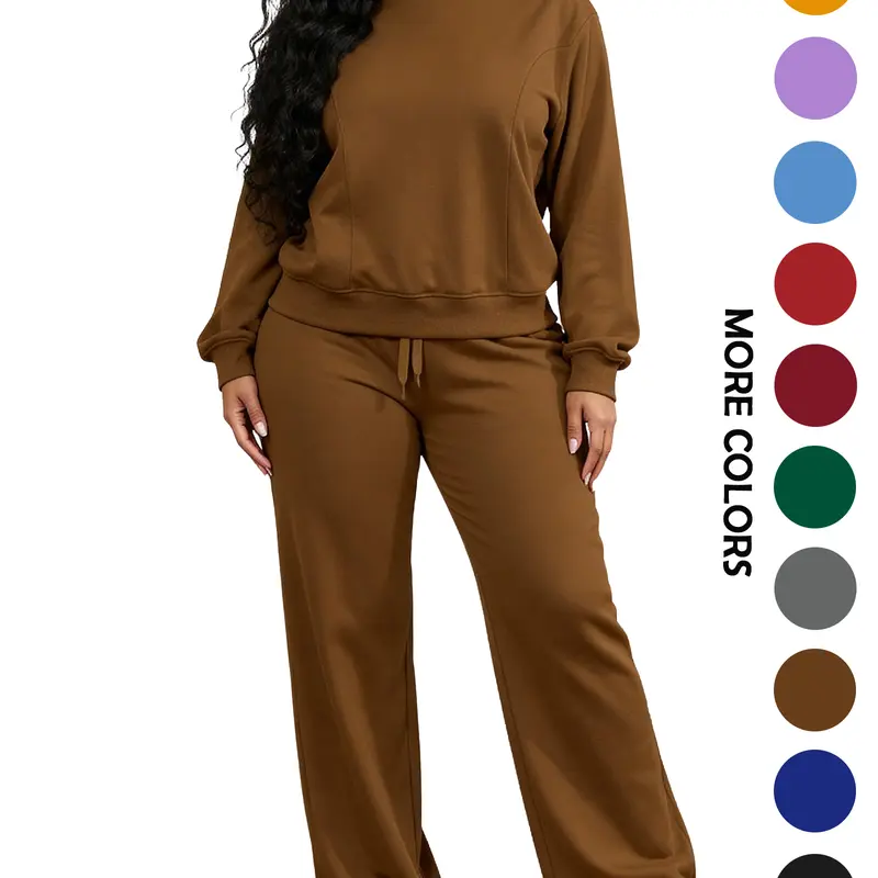 MOEENCN Women's Fitted 2-Piece Lounge Sweat Set - Long Sleeve Crew Neck Chic Sweatshirt, Wide Leg Tracksuit for Casual Travel, Everyday Wear, No-Iron Women's 2-Piece Clothes Set