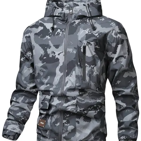 Men's Stylish Green Camouflage Print Zip-Up Drawstring Hooded Coat - Camo Style Lightweight All-Weather Jacket, Longsleeve Regular Fit, Move-Easy, Waterproof Shell, Fall Winter Casual Outerwear for Coffee Runs, Camouflage Design Men's Lightweight Jackets