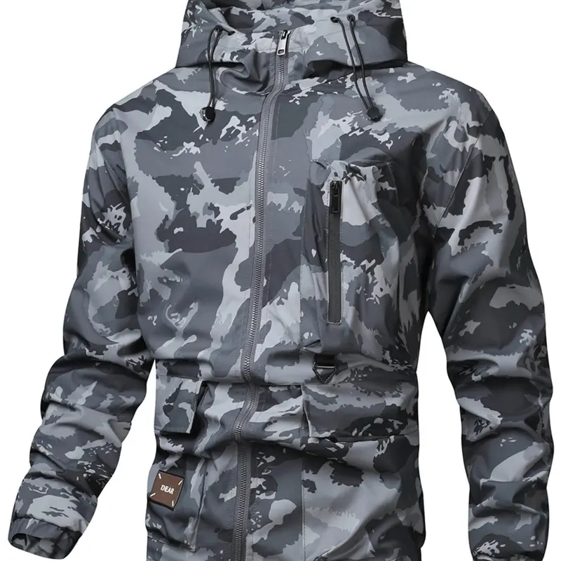 Men's Stylish Green Camouflage Print Zip-Up Drawstring Hooded Coat - Camo Style Lightweight All-Weather Jacket, Longsleeve Regular Fit, Move-Easy, Waterproof Shell, Fall Winter Casual Outerwear for Coffee Runs, Camouflage Design Men's Lightweight Jackets