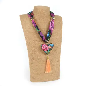 Oaxacan Alebrije Wood Carving Heart & Flowers Necklace