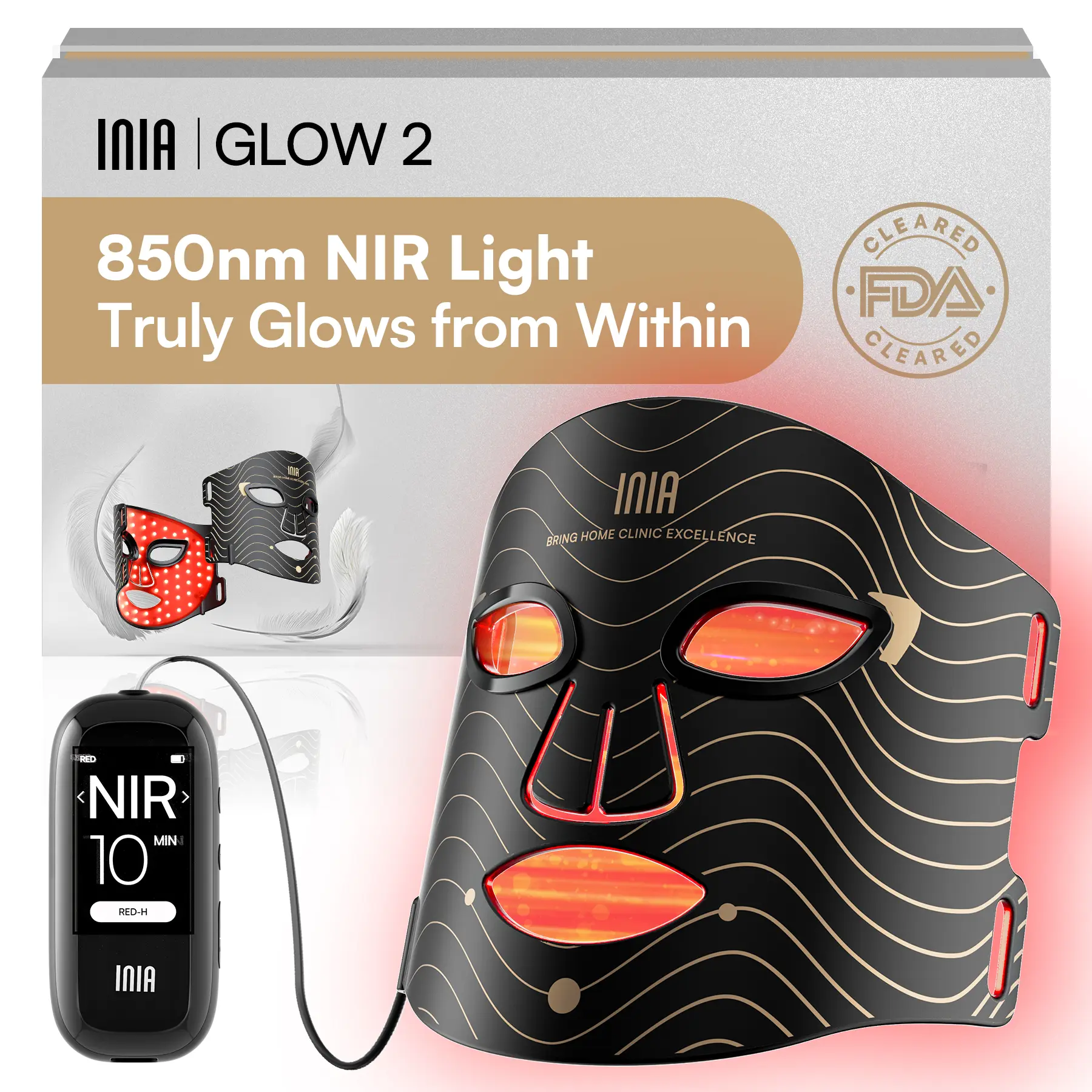 [New Color Drop] INIA GLOW 2 Red Light Therapy Mask , 4 Light Modes with 850nm NIR, 2600mAh Rechargeable LED Face Mask for Skincare at Home and Travel, Summer Beauty Gift Ideas