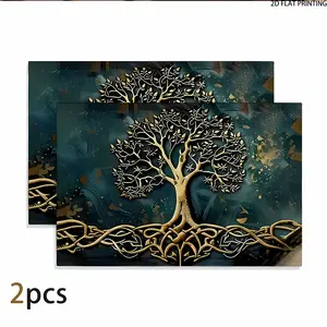 2D flat printing, 2-piece/4-piece/6-piece/8-piece set of Golden Tree of Life Art placemats, anniversary decorations, romantic love table mats, holiday decorations, wedding, party, kitchen and restaurant decoration table mats