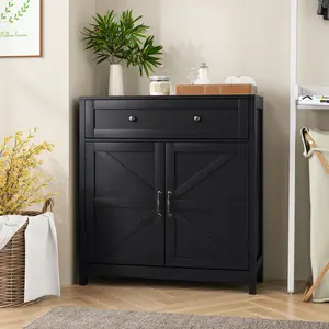 30*12*32.5 Inch Farmhouse Accent Storage Cabinet Particle Board MDF Black Painted Top 1 Large Drawer 2 Barn Doors Adjustable Shelf Anti-Tip Design Easy Assembly for Kitchen Living Room Hallway