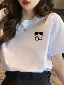 Round Neck White T-Shirt with Sunglasses and Drink Print for Casual Wear Check Clothes