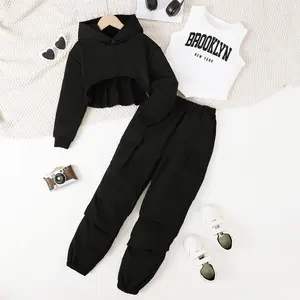 Ready Stock 8-12Y Kid Girls Outfits Fashion Solid Color Crop Hooded Sweatshirt & Asymmetrical BROOKLYN Vest & Pants Casual 3Pcs Set Clothes Sets Outdoor Street Dance 132407142