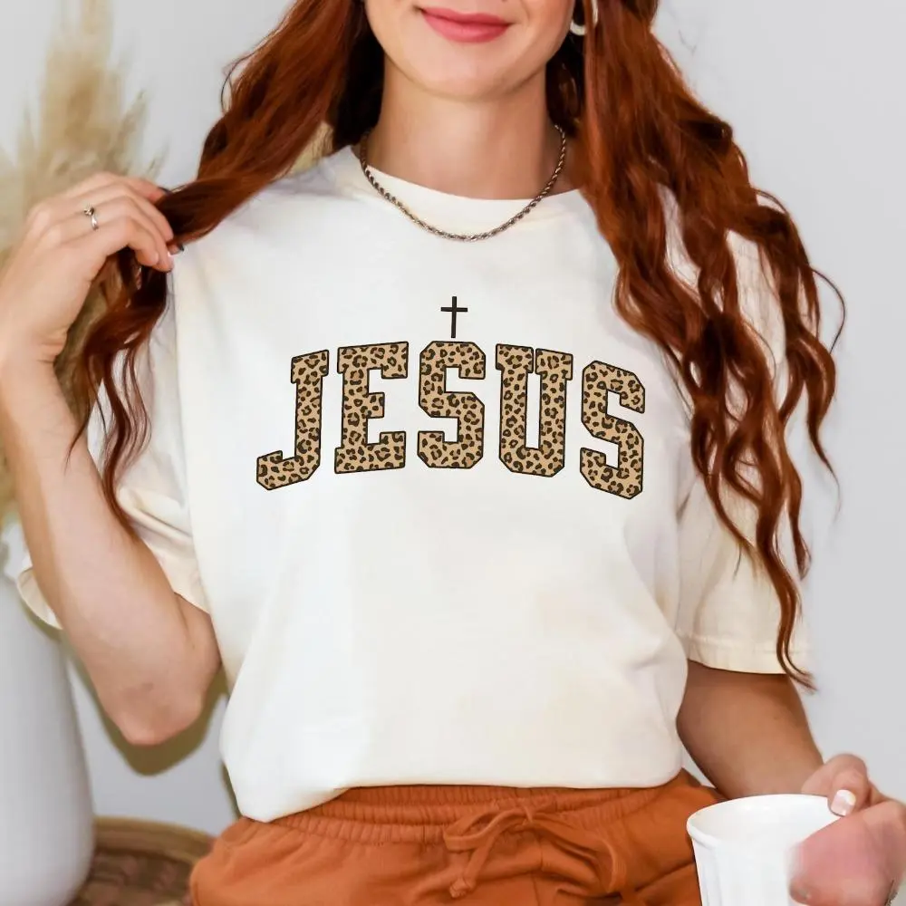 Women's Graphic T-Shirt with Christian Faith Cheetah Cross, Heavyweight 100% Combed Cotton Casual Crew Neck Top, Tops, Round Neck