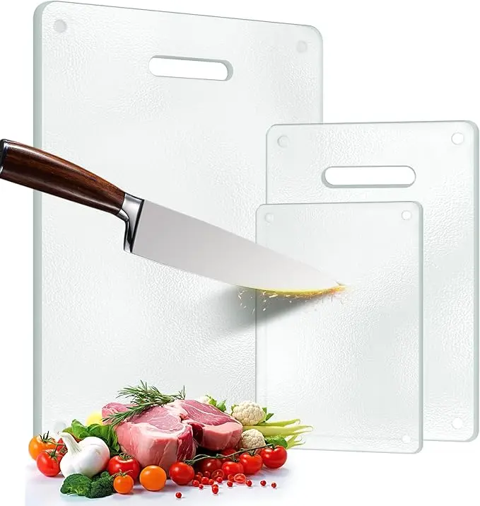 Aesthetic Clear Tempered Glass Cutting Board with Handle | Heat Resistant Non-Toxic| Home & Party Prep Must-Have