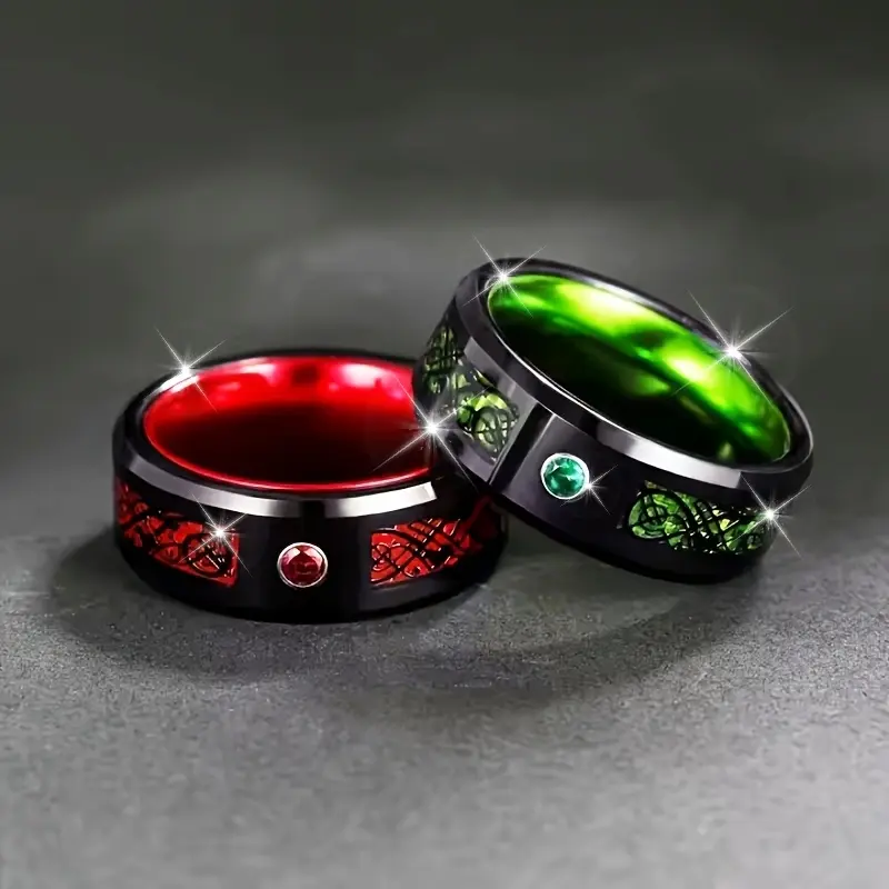 Women's & Men's 2pcs Celtic Dragon Motif Round Bands Set, 8mm Vintage Stainless Steel Jewelry with Cubic Zirconia Inlay, Valentine’s Day Gift
