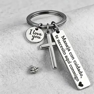 Maneja Con Cuidado Te Necesito Aquí Conmigo Keychain with Cross & "I Love You" Charm, Spanish Drive Safe Stainless Steel Keyring, Romantic Religious Gift for Him/Her