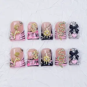 Nailssbysheccid, 10pcs-Y2K Acrylic Nail Set press on nails, duck nails, 100%handmade, with French, 3D, smudt, hand-drawn, Glitter rhinestones designs, for dates, weddings, and gift for girls, Jelly gel, crystal sticks and rolling sticks included