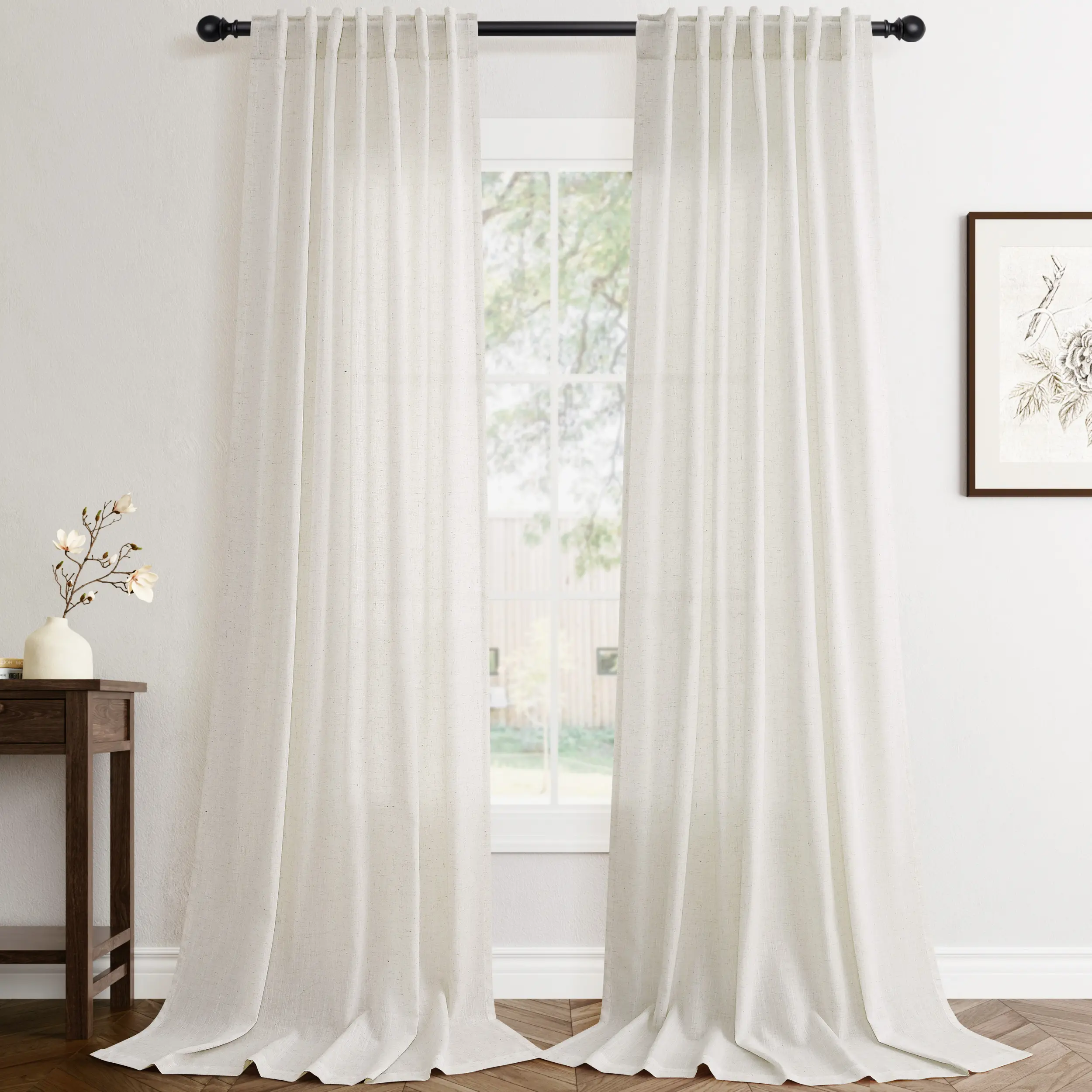 Jowels Linen Back Tab Drapes - 2-Panel Cream Light Filtering Semi Sheer with Pinch Pleated Look, Farmhouse Cafe Style Window Curtains Bedroom, Home Decor Ideas Textile Furnishing