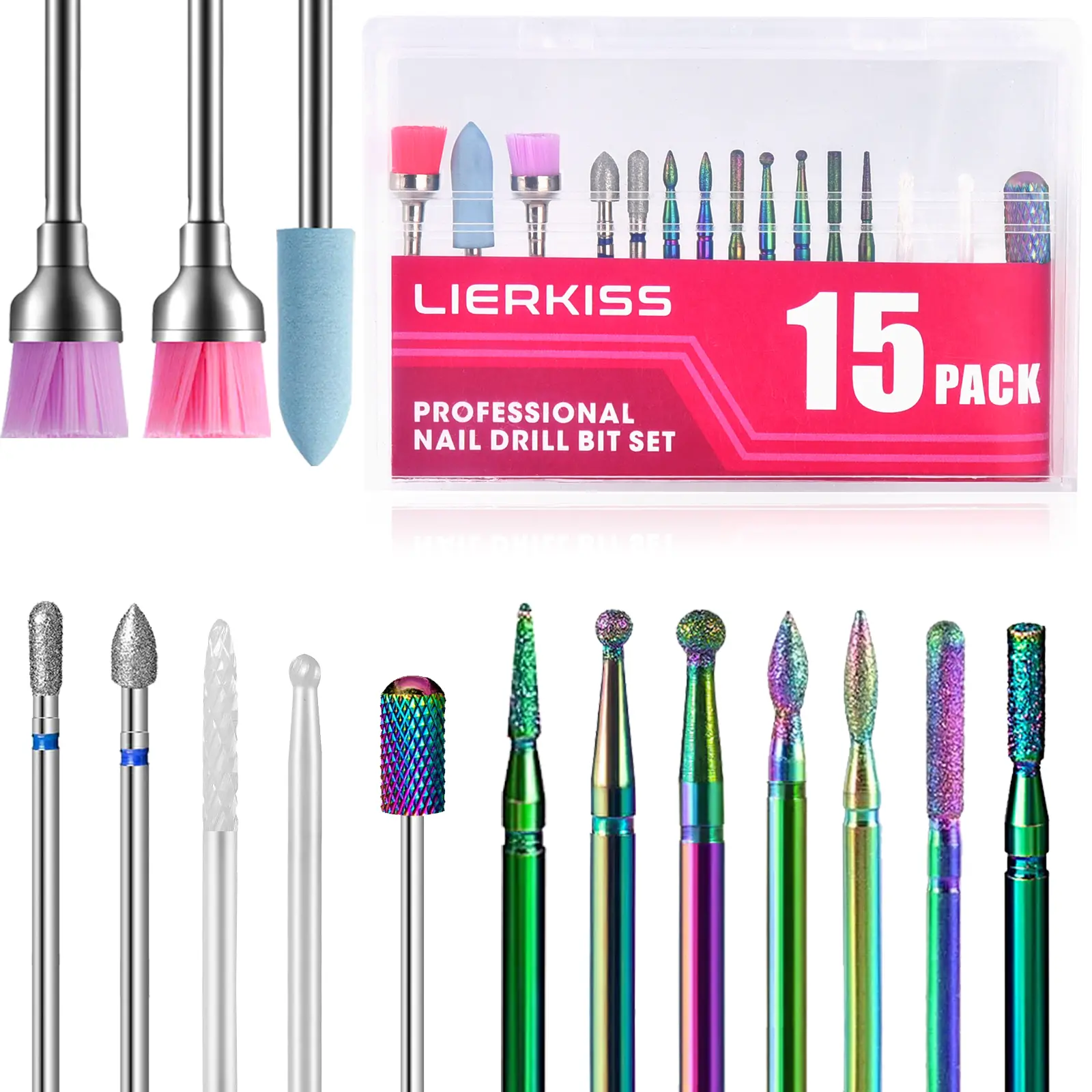 15Pcs Nail Drill Bits Nailcare Set, 3/32 Inch Nail Bits, Ceramic Cuticle Polishing Remover Tool Bit Kit for Gel Nails Manicure Pedicure