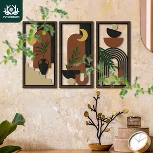 Boho Style Ladder Arch Leaves Vase Elements Wooden Painting Decoration, 3 Counts/set Bohemian Wall Art Decor for Home Farmhouse Living Room Bedroom Office Studio Cafe Coffee Shop, Floral Boho Print, Poster, Modern Art Design, Artistic