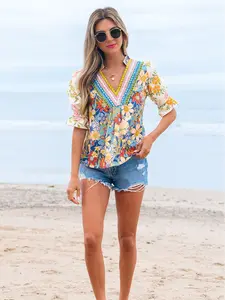 Women's Chic Polyester Crochet V-Neck Blouse - Elegant Boho Summer Shirts with Ruffled Half Sleeves, Floral Embroidery, Compatible with Matching Accessories, Ideal for Bohemian Casual Vacation Clothes