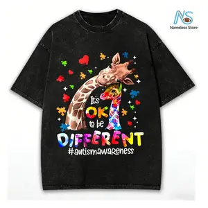 Giraffe With Puzzle Pieces And Hearts Print Ok To Be Different Autism Awareness T Shirt  Casual Loose Fit Women's Top For Everyday Wear And Special Occasions