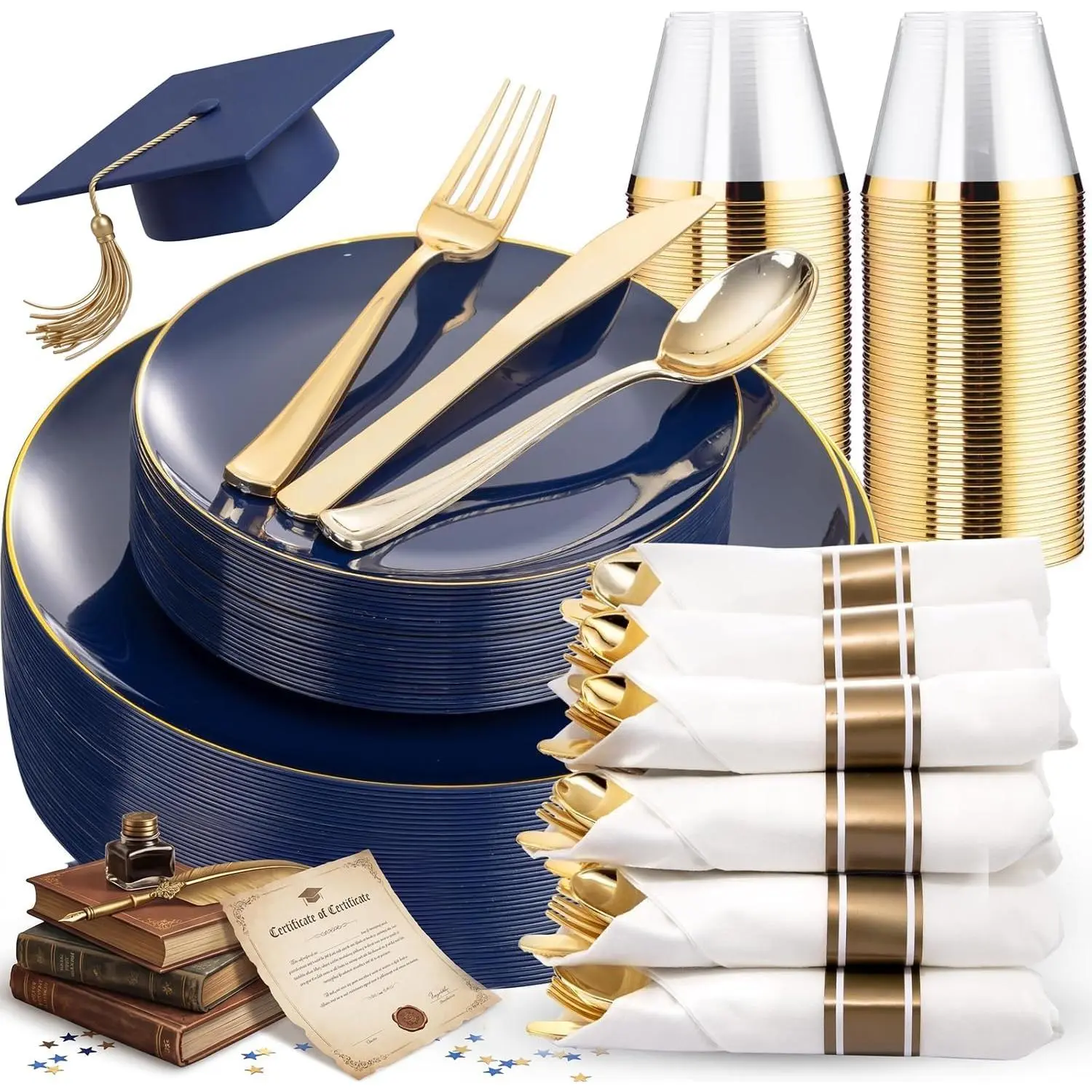 175 count Blue Plastic Plates - Navy Blue Plates Disposable - 25 for Dinner 25 for Dessert 25 Pre Rolled Napkins with  Plastic Silverware and 25 Cups for Memorial Day/Graduation/Father's Day