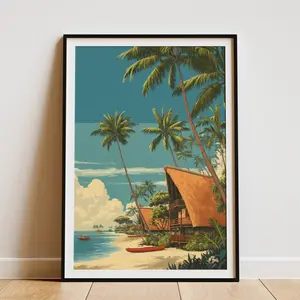 Vintage Hawaiian Village Scene Travel Poster Art Print Retro Tropical Island Getaway Wall Decor Palm Trees Beach Vacation Home Decor