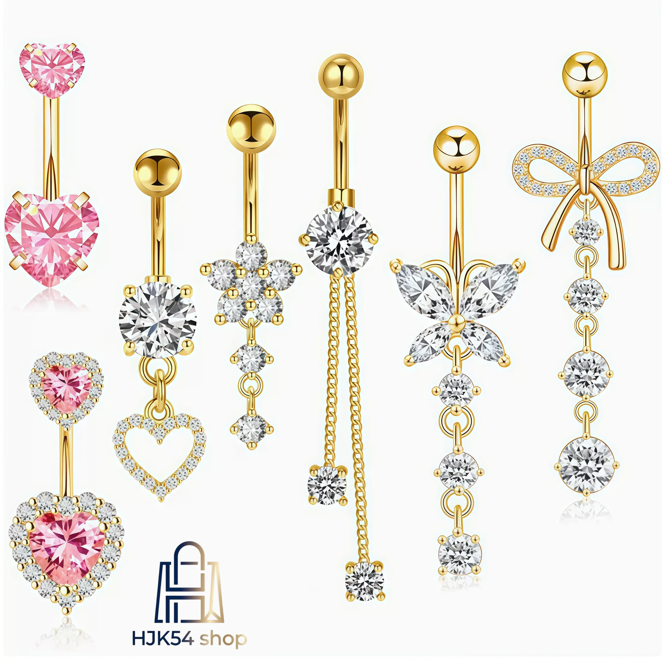 7PCS CZ Crystal Dangle Belly Button Rings, 14K Gold Plated Pink/White Navel Piercing Jewelry, Heart/Butterfly/Bow Dangling Belly Bars, Hypoallergenic Body Piercing for Women