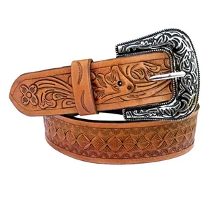 Tooled Leather Western Belt: Leather Belt 100% Genuine Full Grain Embossed Unisex Strap (1.5" Wide) - Floral Embossed Cowboy Cowgirl Style - Leather Snap-On Belt - Meaningful Gift