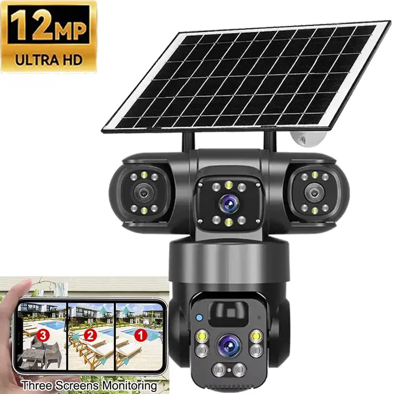 Solar Powered Wireless Wi-Fi Outdoor Pan-Tilt Home Security Camera System - 10x Zoom, Motion Sensor, Lithium-Ion Battery, Triple Lens, 1x Solar Panel, 1x Bracket Accessories, 7x Screw Anchors, 14.0°F to 140.0°F Operating Temp for Home Improvement