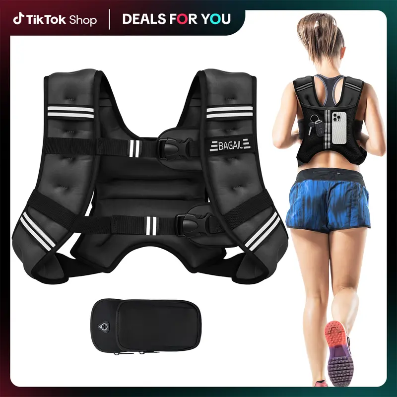 【BackToSchool】BAGAIL Weighted Vest, 5lbs/8lbs/10lbs/12lbs/15lbs/20lbs/25lbs/30lbs Weight Vest with Detachable Phone Pouch, Rucking Vest for Women, Men, Walking, Training, Running Summervibes