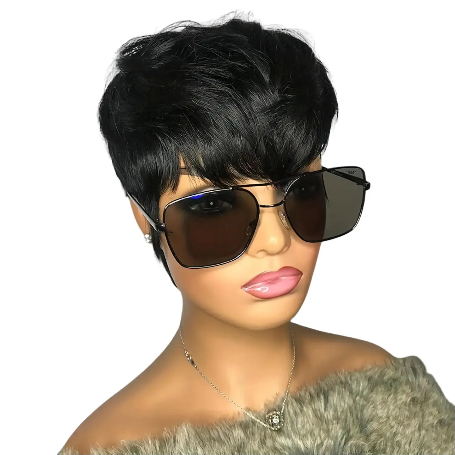 Women's Short Pixie Cut Wig, 100% Human Hair with Layered Bangs, Straight Black Glueless Machine Made Cap, 150% Density for Party & Cosplay, Short Wig, Female, 6 In