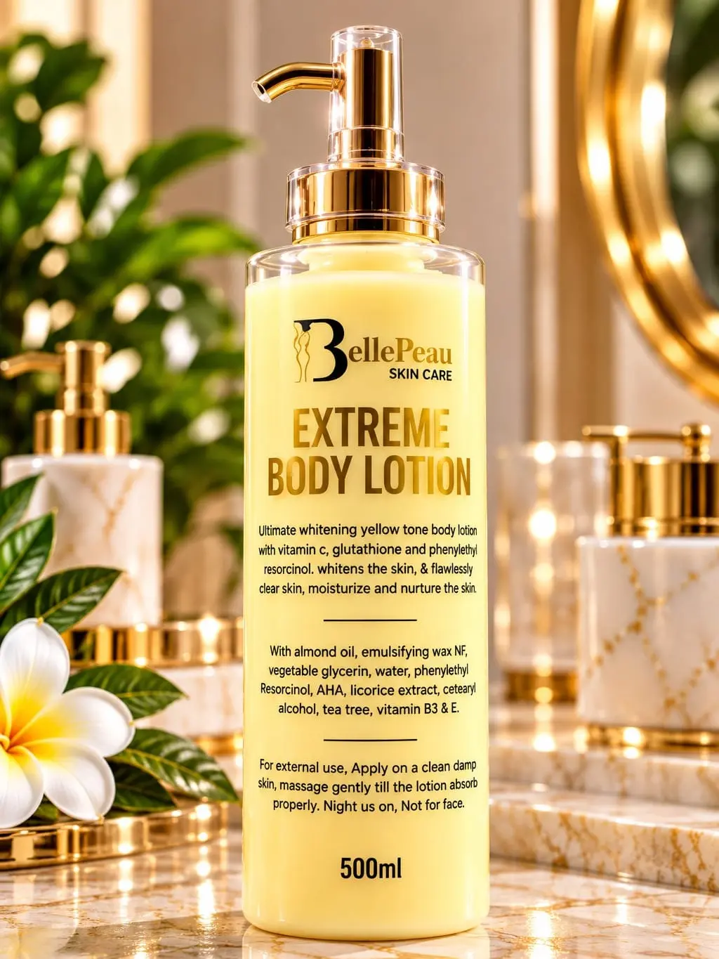 BellePeau Extreme Brightening Yellow Tone Body Lotion 500ml with Glutathione, Vitamin C, Phenylethyl Resorcinol & Licorice Extract - Even Tone, Moisturizing