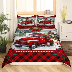 Christmas Truck Duvet Cover,Kids Girls Boys Red Plaid Decor Pine Tree Quilt Cover,Winter Snow Bedspread Cover (No Comforter)