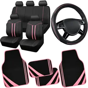 Full Set of Car Seat Covers for Women and Girls, with Waterproof Car Floor Mats, Anti-Slip Leather Steering Wheel Cover. Universally Fits SUVs, Vans, Trucks, Sedans, Cars (Combo Set, Black & Pink)