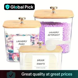 laundry room detergent storage container, 1 set including 3 counts clear laundry pods container & 2 counts spoons & labels, home essentials, home detergent organizer for bathroom, home decor